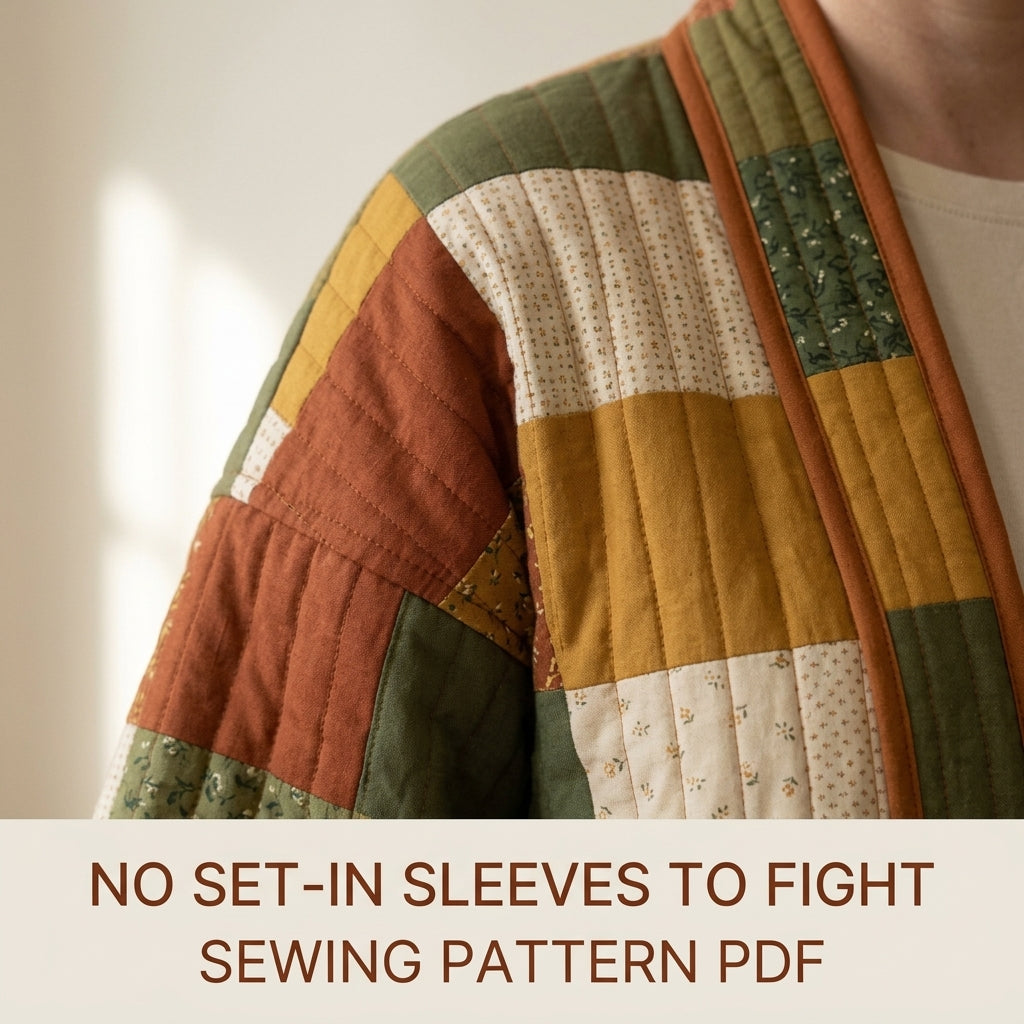 Quilted Kimono Jacket Sewing Pattern PDF – Patchwork Kimono Wrap with Wide Sleeves and Band Collar