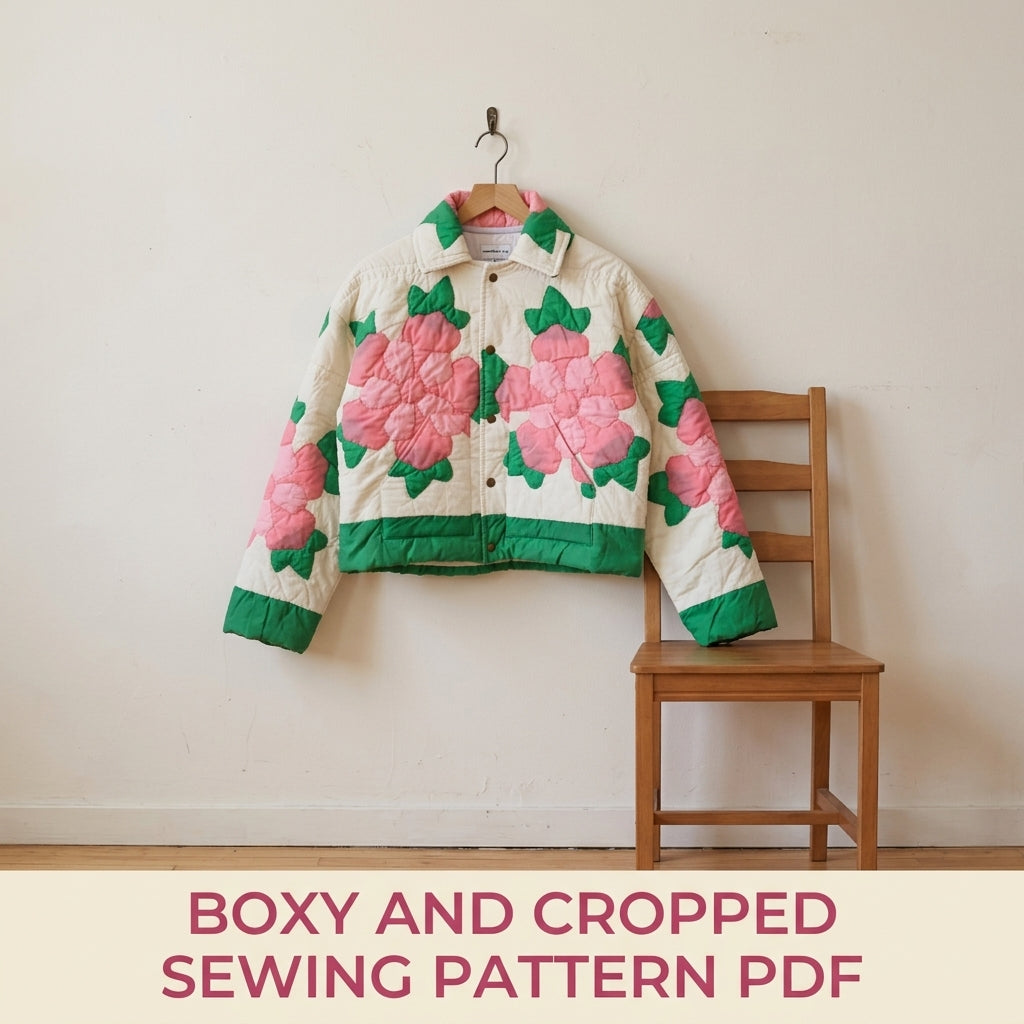 Rose Appliqué Quilted Jacket Sewing Pattern PDF – Cropped Quilt Jacket with Flowers