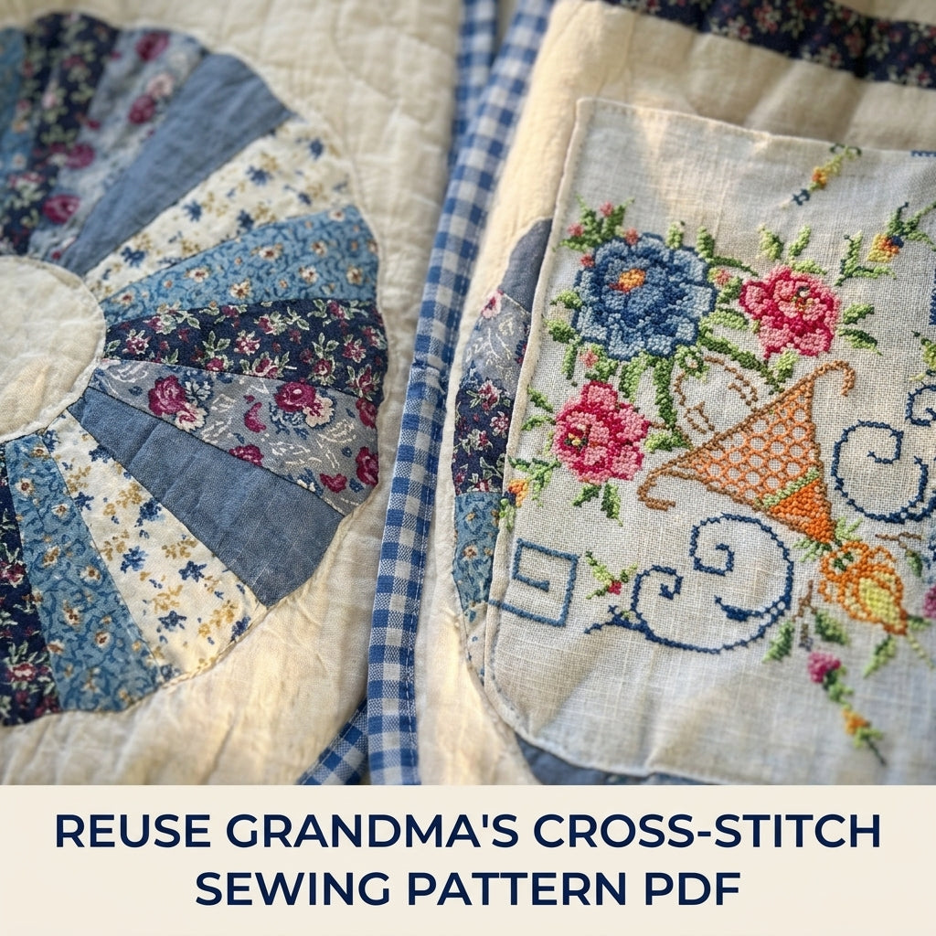 Dresden Cross-Stitch Pocket Quilt Jacket Sewing Pattern PDF – Upcycled Quilt Coat