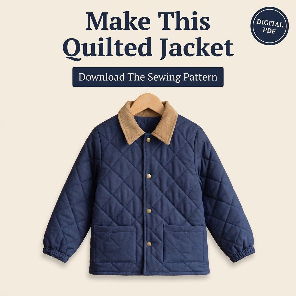 Classic Quilted Jacket Sewing Pattern for Kids – Corduroy Collar, Snap Front – Sizes 2–12 – PDF