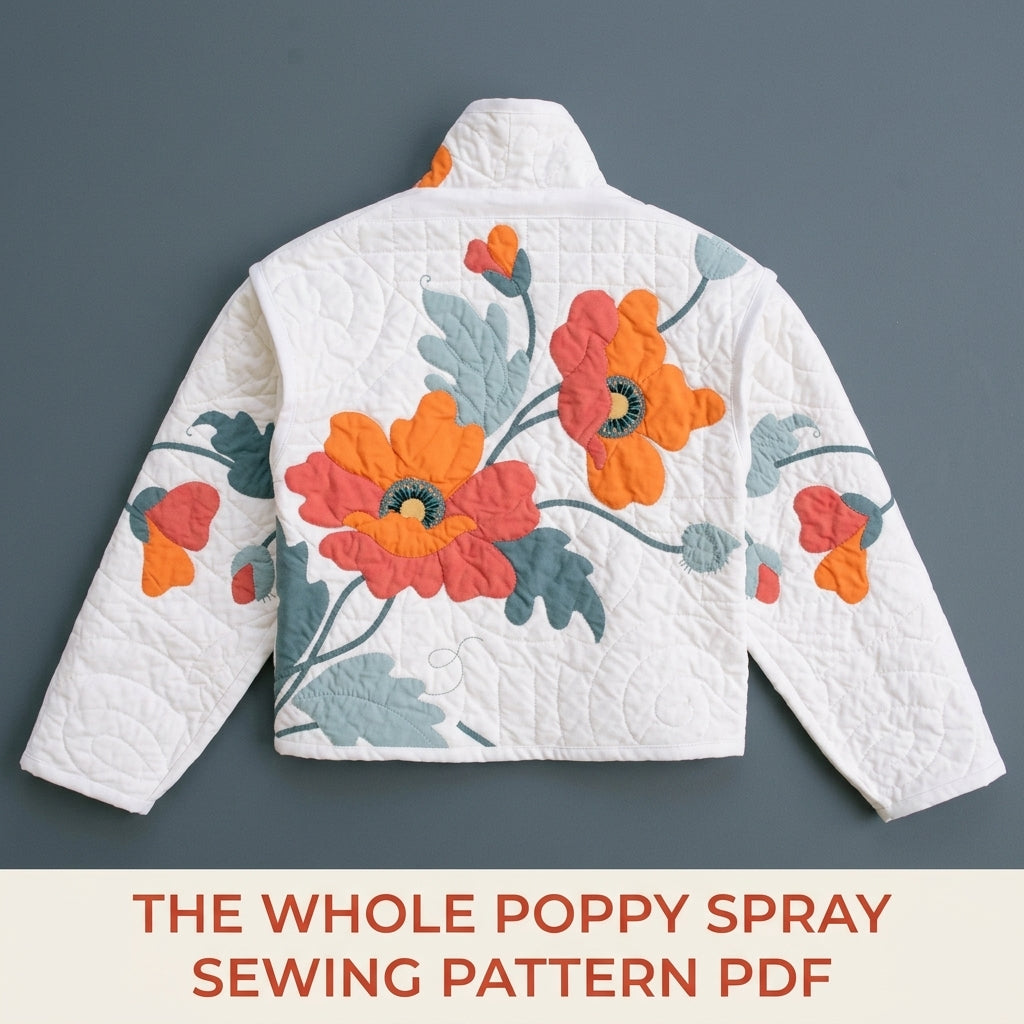 Poppy Appliqué Quilted Jacket Sewing Pattern PDF – White Quilt Jacket with Flower Back