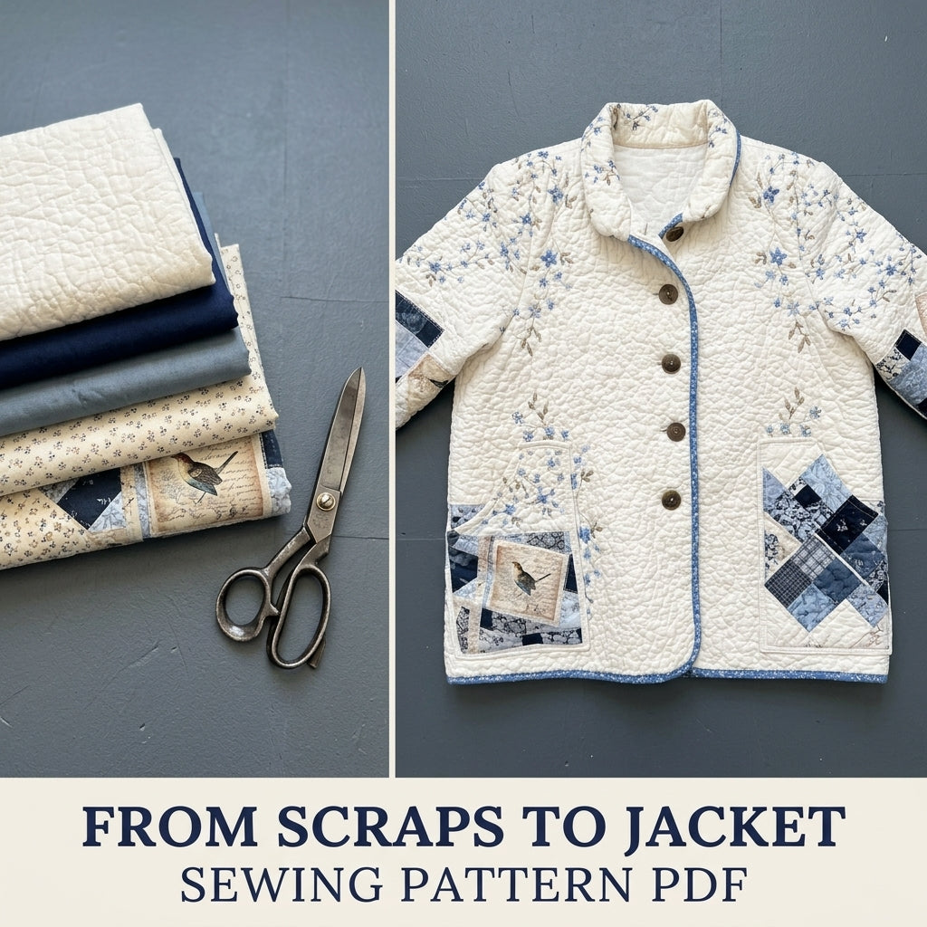 Blue Vine Patchwork Quilt Jacket Sewing Pattern PDF – Relaxed Quilted Jacket