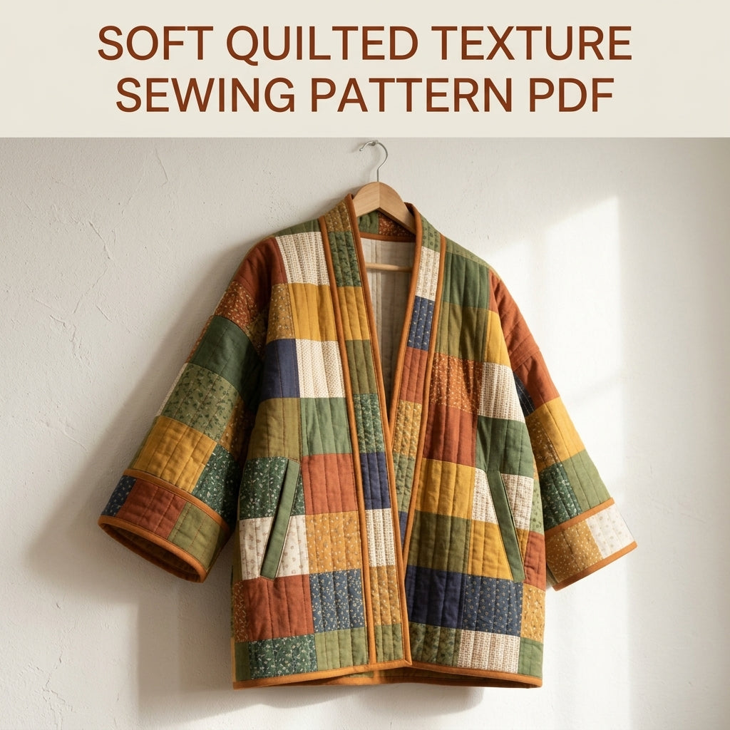 Quilted Kimono Jacket Sewing Pattern PDF – Patchwork Kimono Wrap with Wide Sleeves and Band Collar