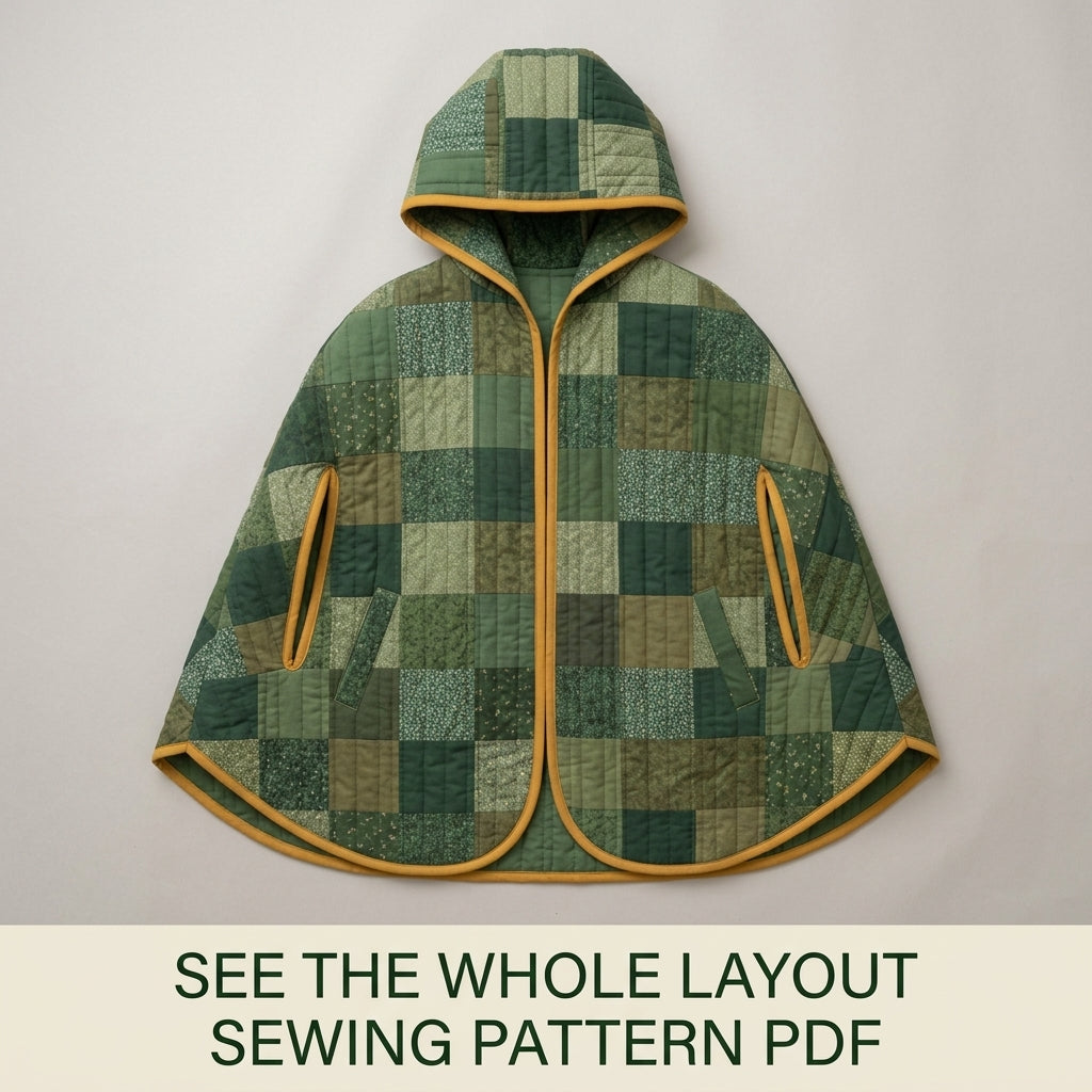 Hooded Patchwork Cape Sewing Pattern PDF – Green Quilted Cape with Arm Slits and Bias Binding