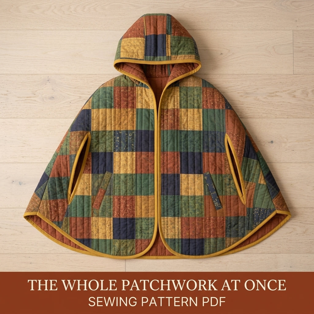 Hooded Quilted Capelet Sewing Pattern PDF – Patchwork Cape with Arm Slits and Bias Binding