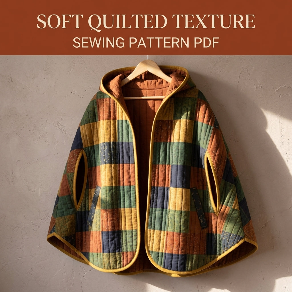 Hooded Quilted Capelet Sewing Pattern PDF – Patchwork Cape with Arm Slits and Bias Binding