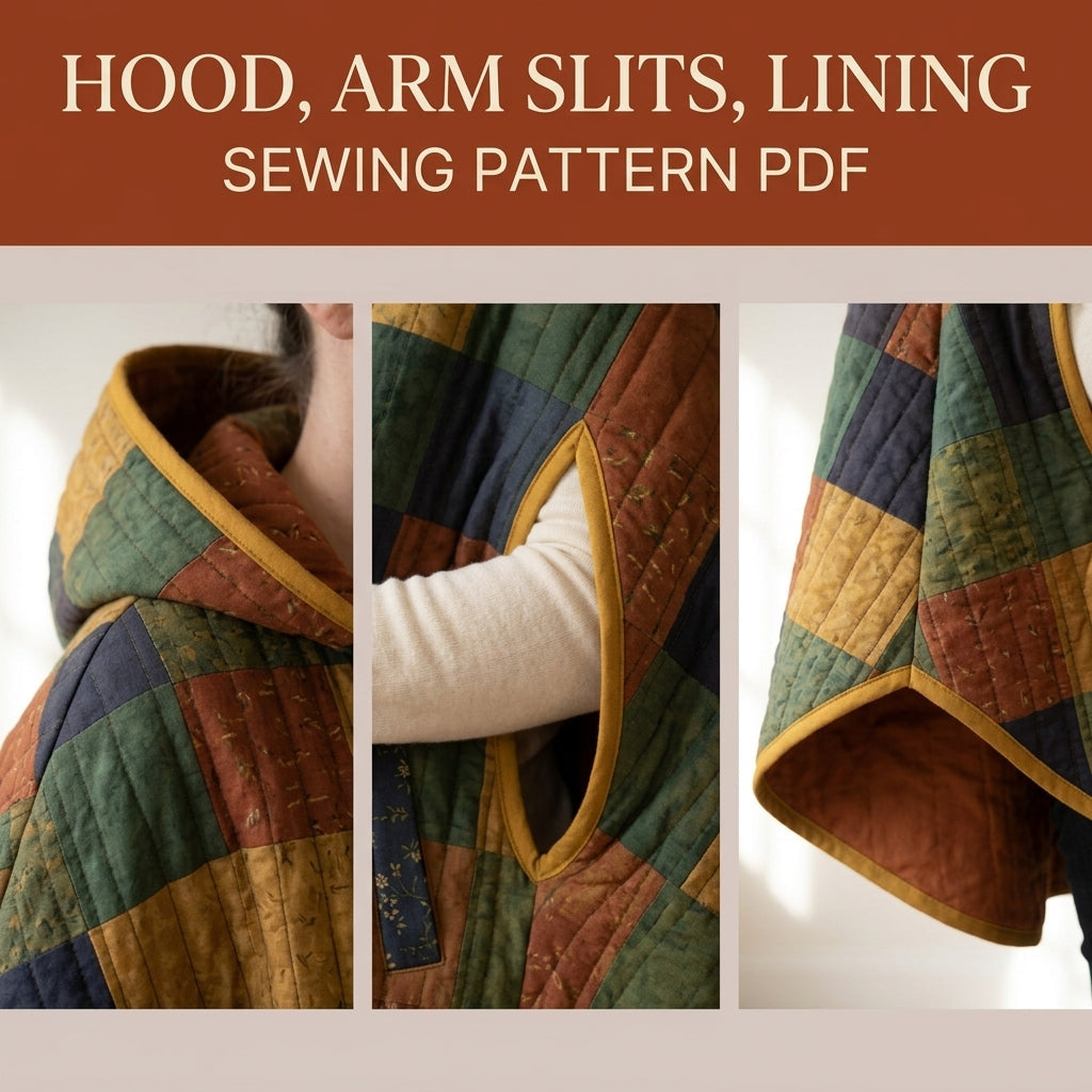 Hooded Quilted Capelet Sewing Pattern PDF – Patchwork Cape with Arm Slits and Bias Binding