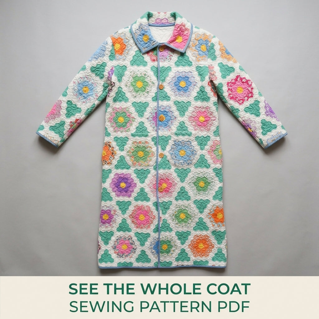 Flower Garden Long Quilt Coat Sewing Pattern PDF – Button Front Coat from a Vintage Quilt
