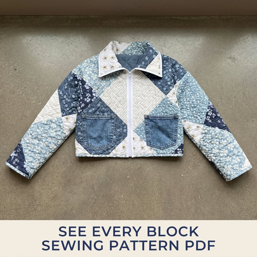Cropped Blue Patchwork Jacket Sewing Pattern PDF – Quilted Jacket with Denim Pockets