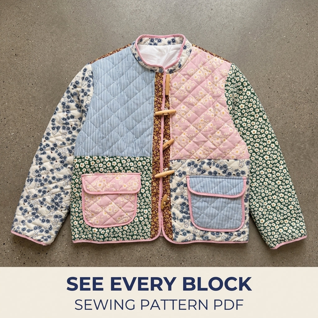 Toggle Patchwork Quilted Jacket Sewing Pattern PDF – Boxy Scrap Quilt Jacket
