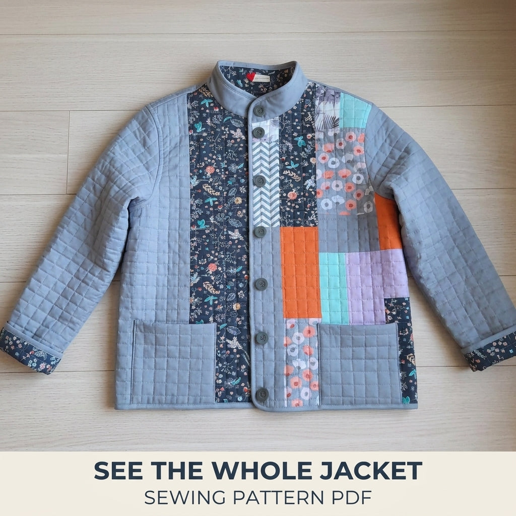 Grey Patchwork Quilted Jacket Sewing Pattern PDF – Modern Quilted Coat