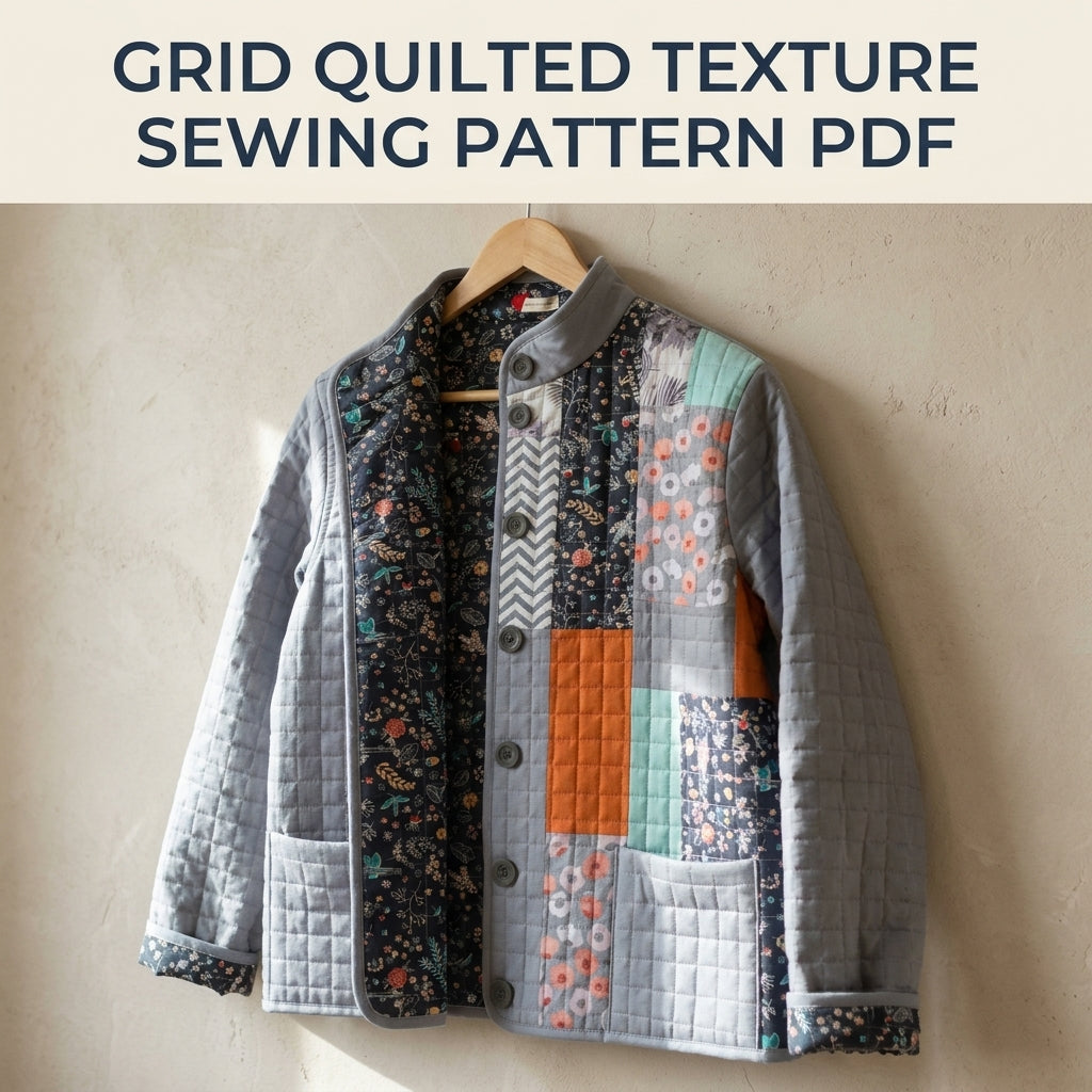 Grey Patchwork Quilted Jacket Sewing Pattern PDF – Modern Quilted Coat