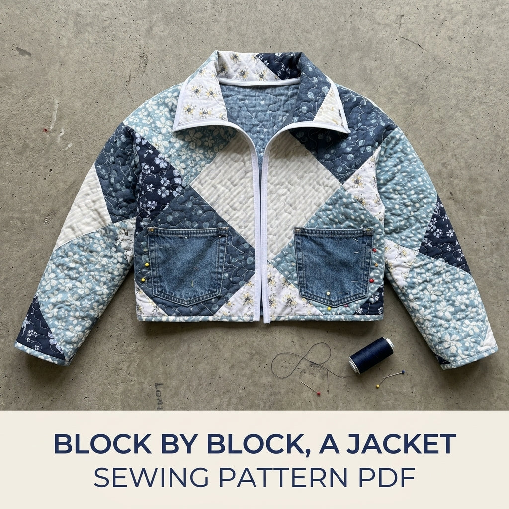Cropped Blue Patchwork Jacket Sewing Pattern PDF – Quilted Jacket with Denim Pockets