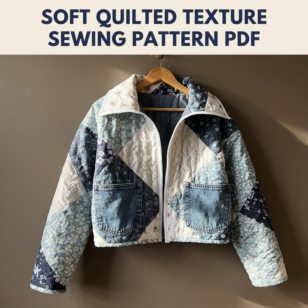 Cropped Blue Patchwork Jacket Sewing Pattern PDF – Quilted Jacket with Denim Pockets