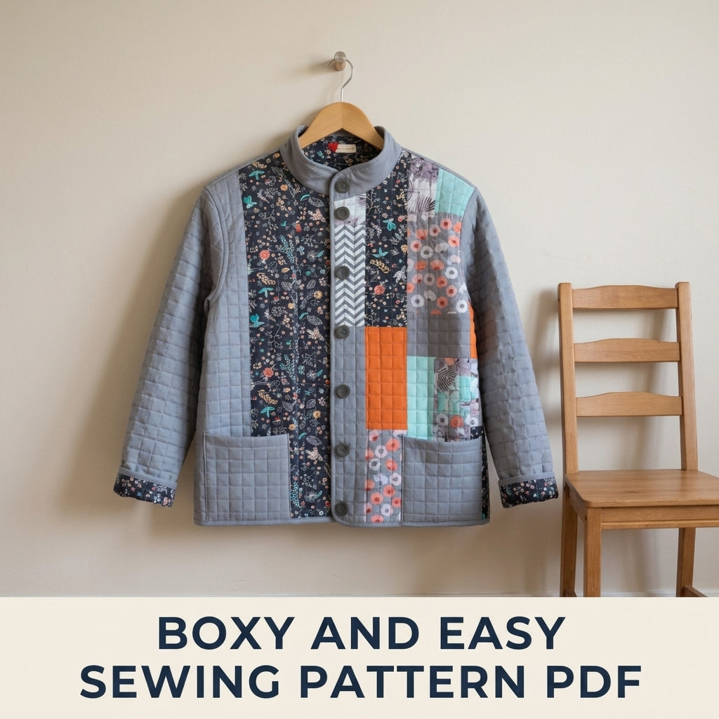 Grey Patchwork Quilted Jacket Sewing Pattern PDF – Modern Quilted Coat