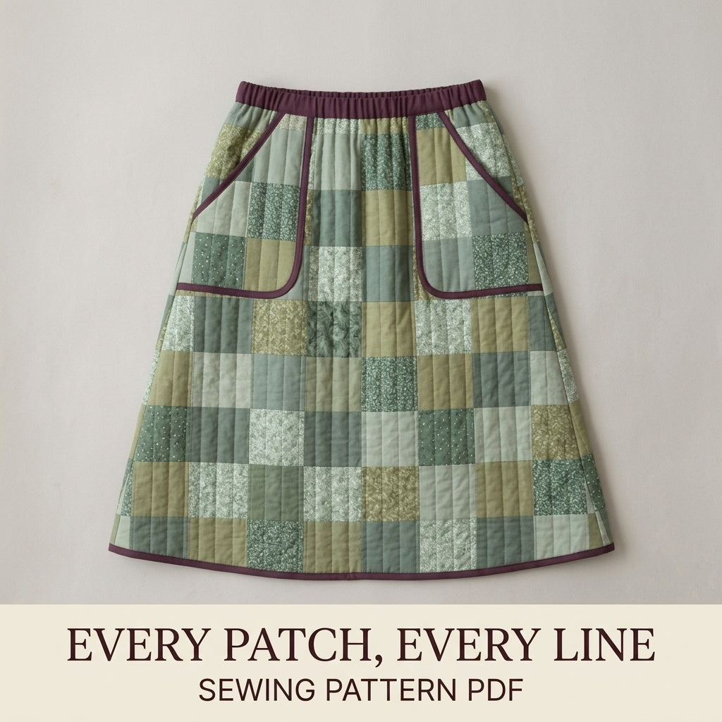 Quilted Skirt Sewing Pattern PDF – Patchwork Midi Skirt with Elastic Waist and Pockets