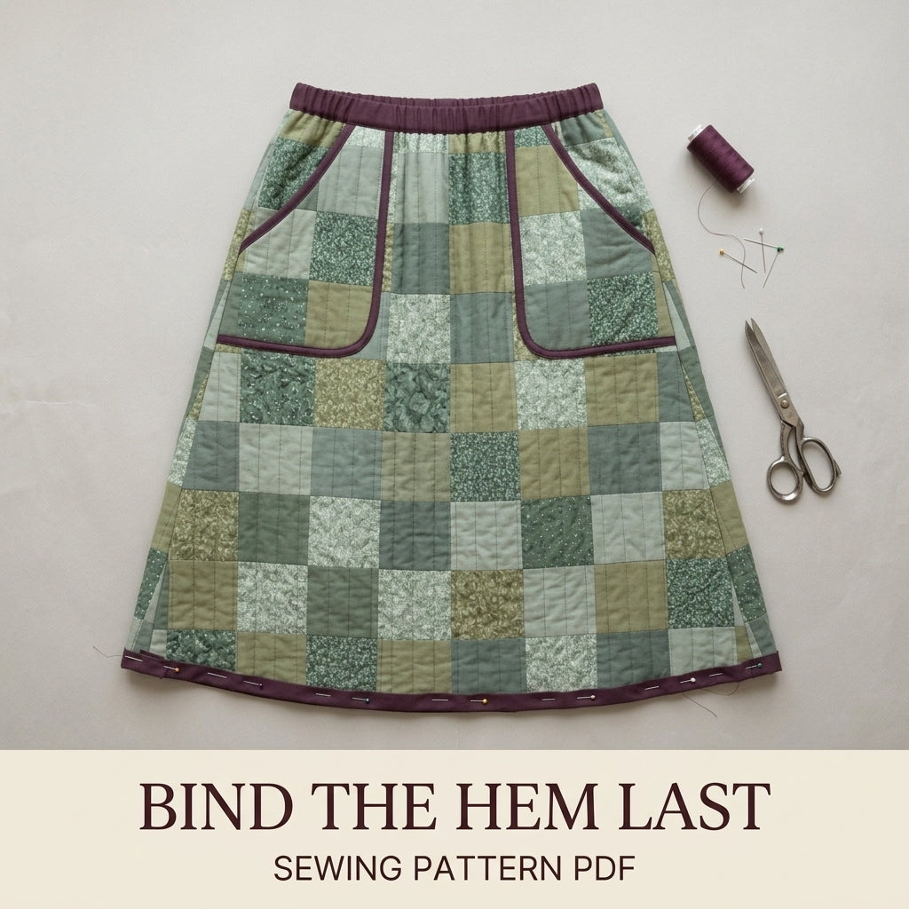 Quilted Skirt Sewing Pattern PDF – Patchwork Midi Skirt with Elastic Waist and Pockets