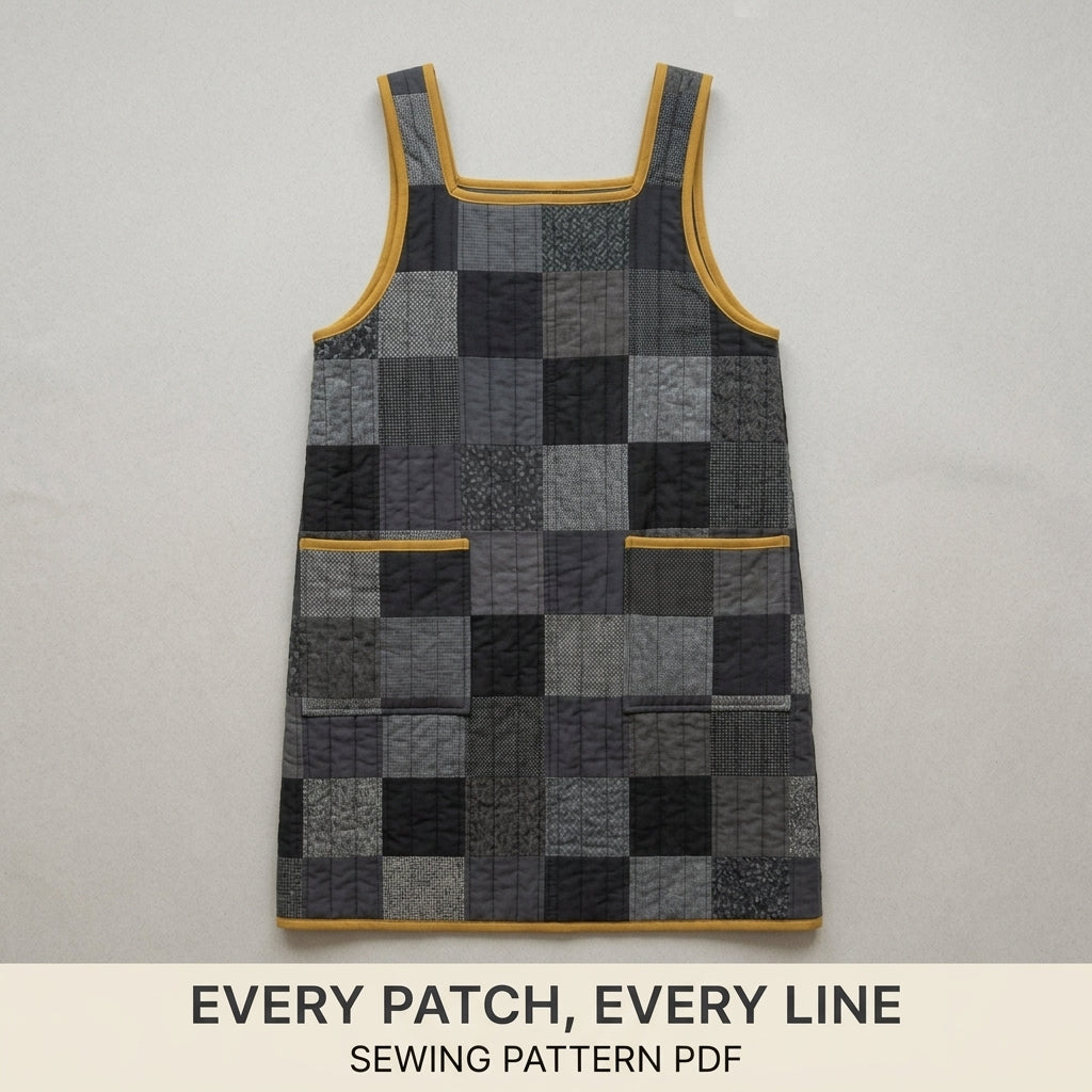 Quilted Pinafore Dress Sewing Pattern PDF – Patchwork Apron Dress with Square Neck and Pockets