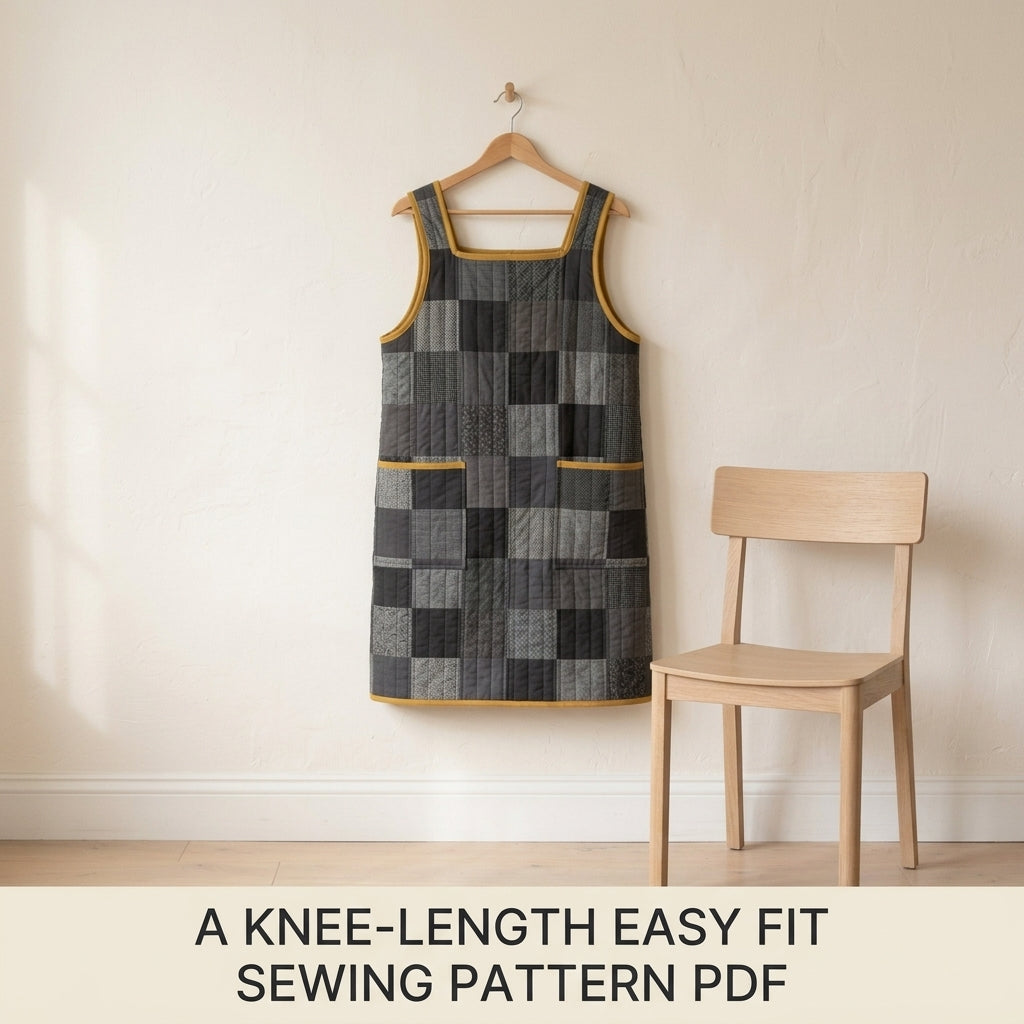 Quilted Pinafore Dress Sewing Pattern PDF – Patchwork Apron Dress with Square Neck and Pockets