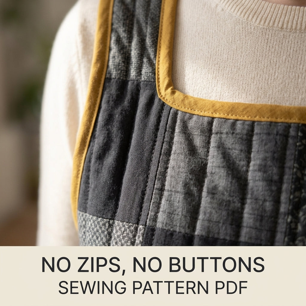 Quilted Pinafore Dress Sewing Pattern PDF – Patchwork Apron Dress with Square Neck and Pockets