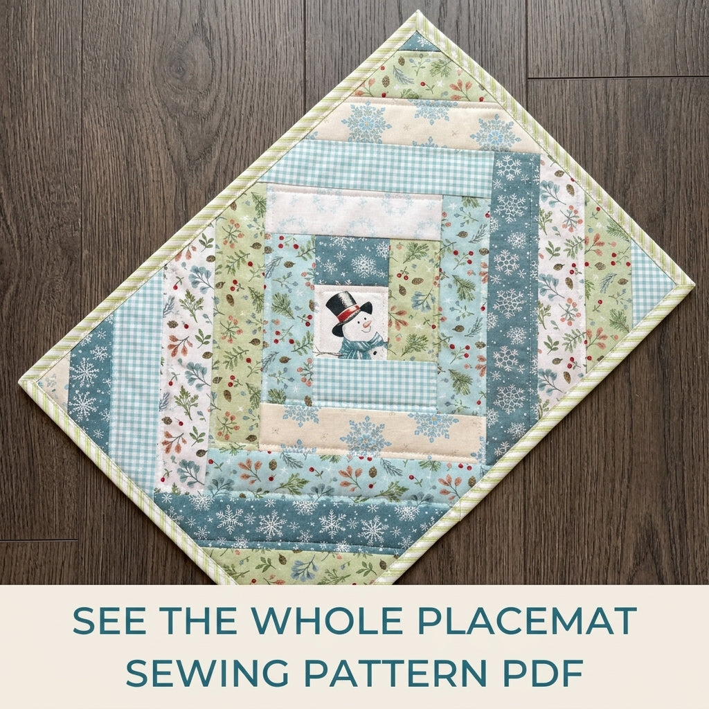 Snowman Log Cabin Placemat Sewing Pattern PDF – Winter Snowman Quilted Placemat