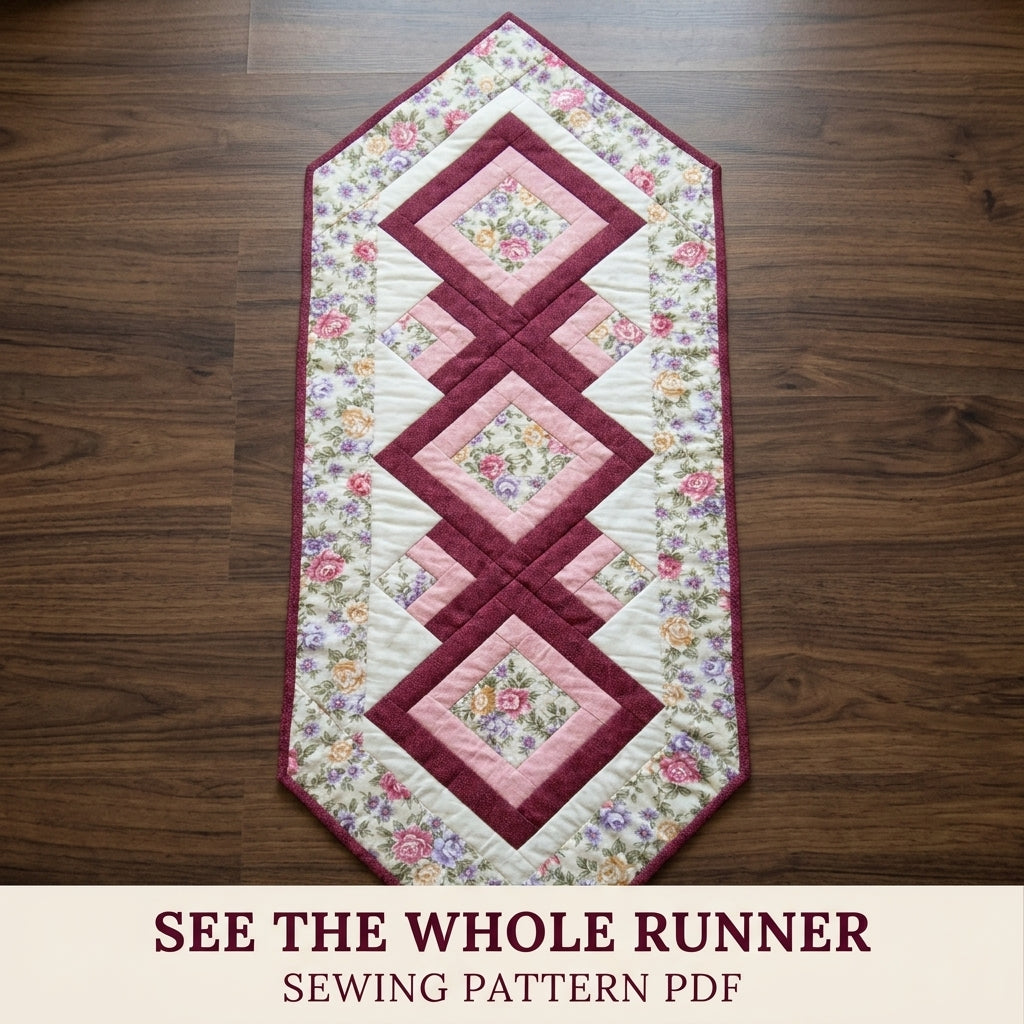 Rose Diamond Table Runner Sewing Pattern PDF – Log Cabin Quilted Runner with Rose Border