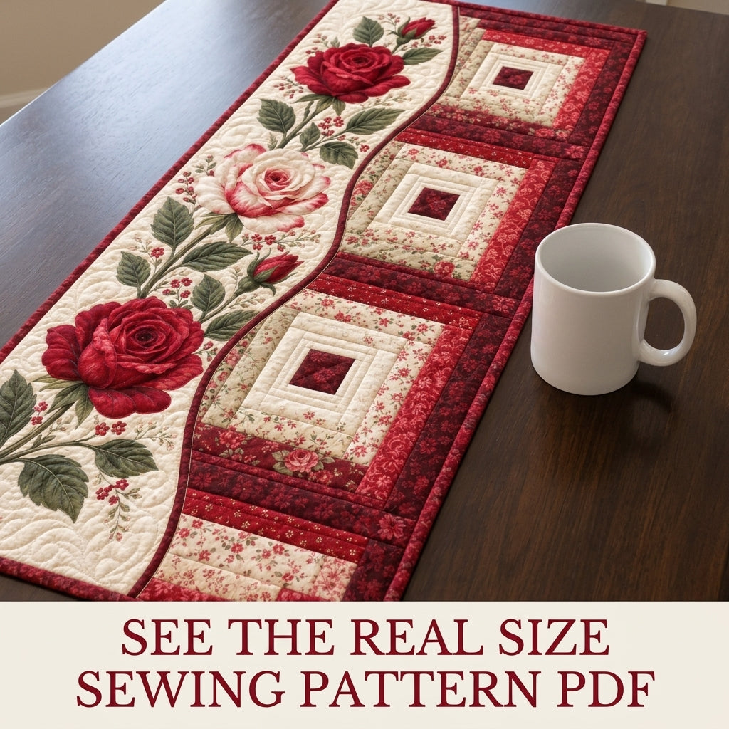Rose Log Cabin Table Runner Sewing Pattern PDF – Appliqué Rose Quilted Runner