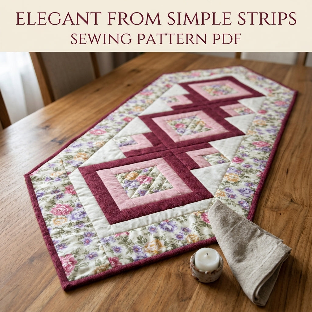 Rose Diamond Table Runner Sewing Pattern PDF – Log Cabin Quilted Runner with Rose Border