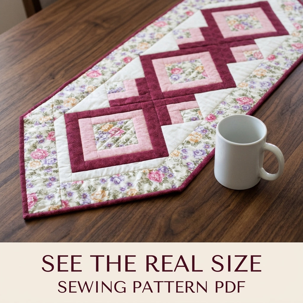 Rose Diamond Table Runner Sewing Pattern PDF – Log Cabin Quilted Runner with Rose Border