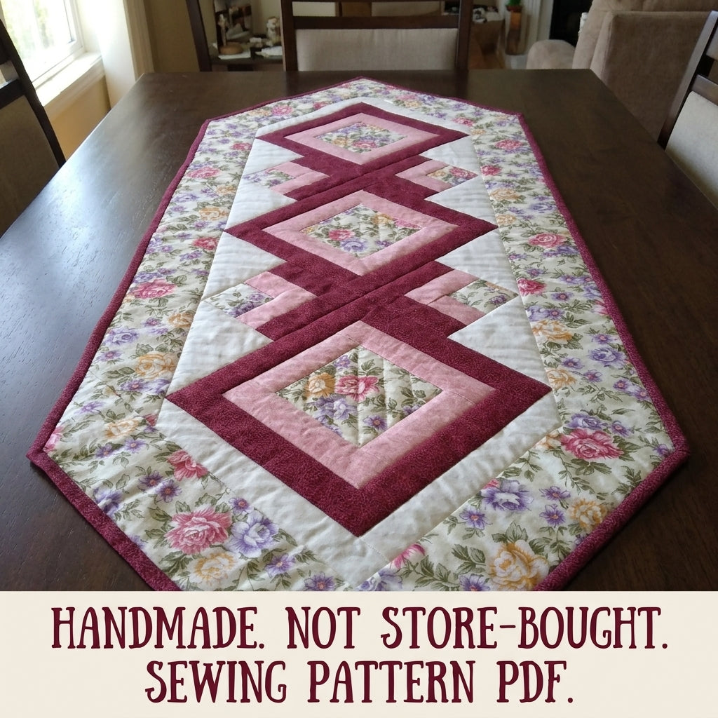 Rose Diamond Table Runner Sewing Pattern PDF – Log Cabin Quilted Runner with Rose Border