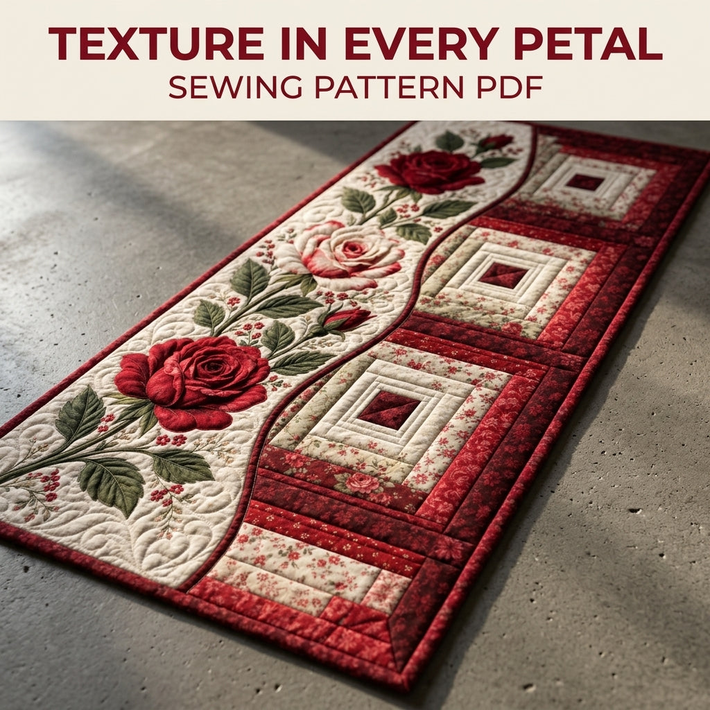 Rose Log Cabin Table Runner Sewing Pattern PDF – Appliqué Rose Quilted Runner