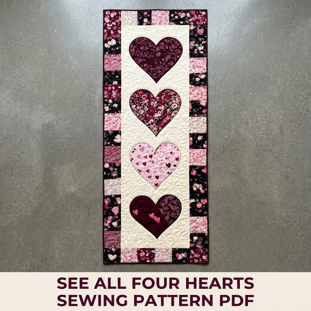 Heart Appliqué Table Runner Sewing Pattern PDF – Valentine Appliqué Quilted Runner