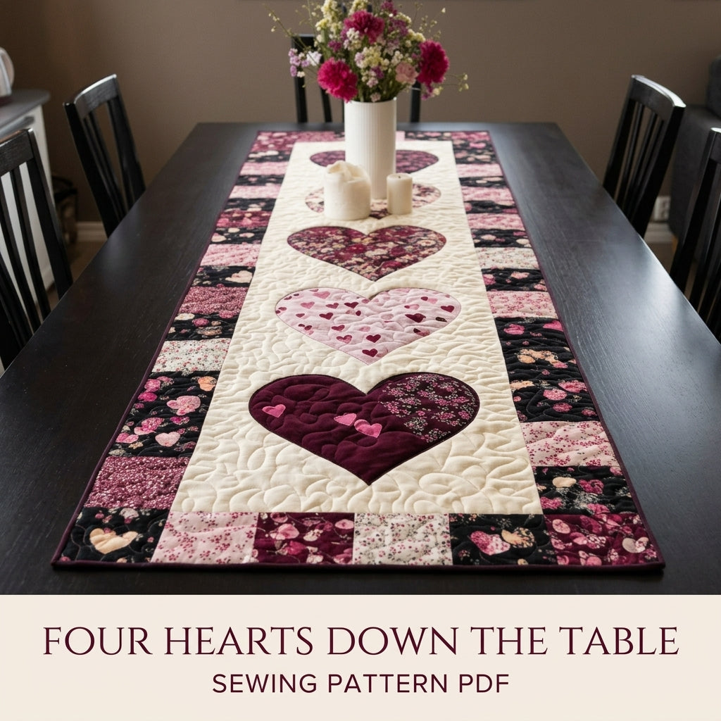 Heart Appliqué Table Runner Sewing Pattern PDF – Valentine Appliqué Quilted Runner