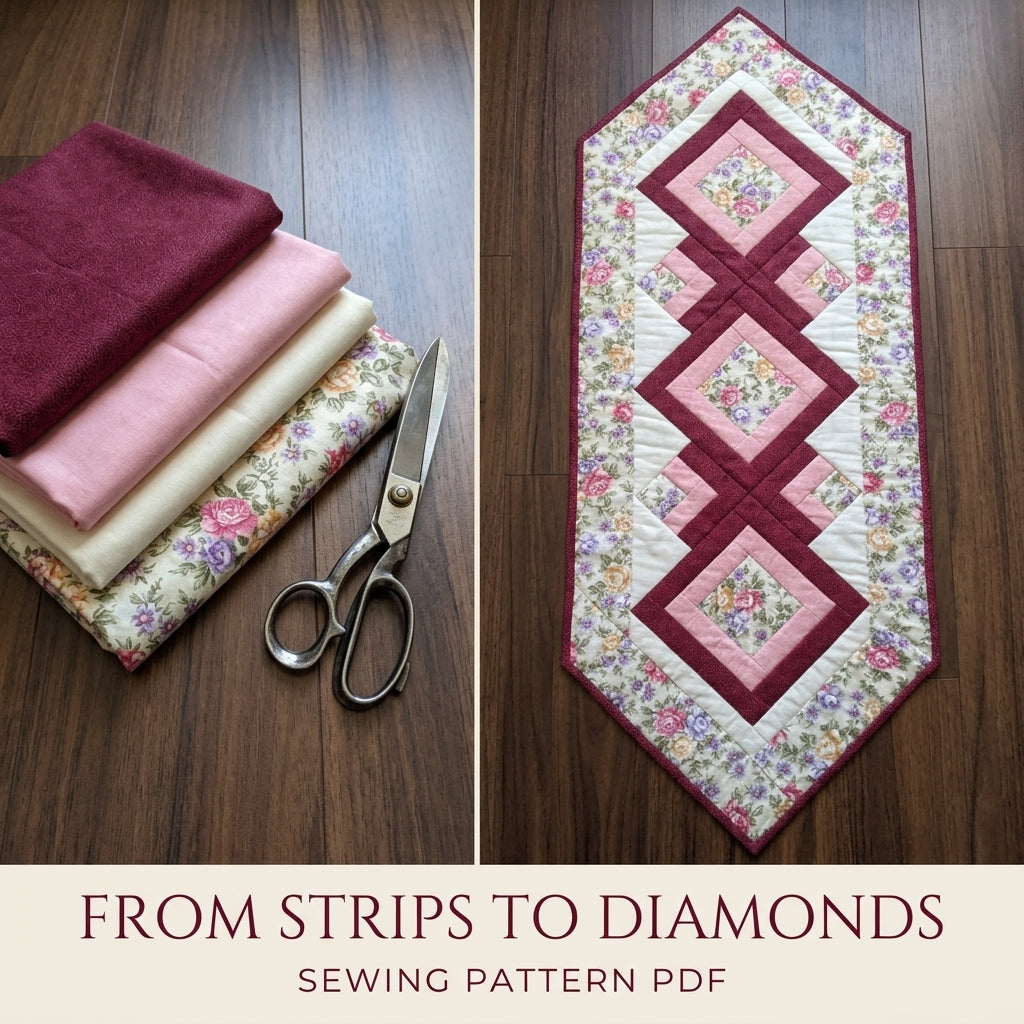 Rose Diamond Table Runner Sewing Pattern PDF – Log Cabin Quilted Runner with Rose Border