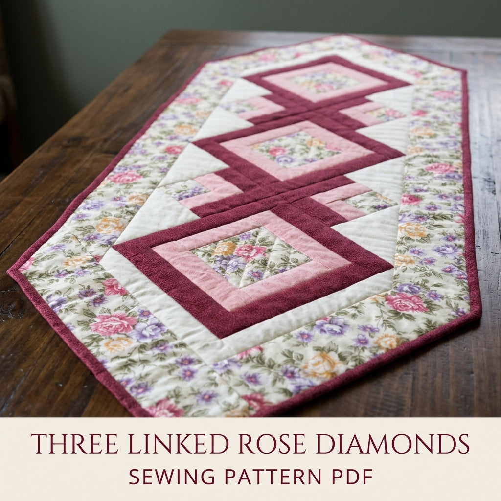 Rose Diamond Table Runner Sewing Pattern PDF – Log Cabin Quilted Runner with Rose Border