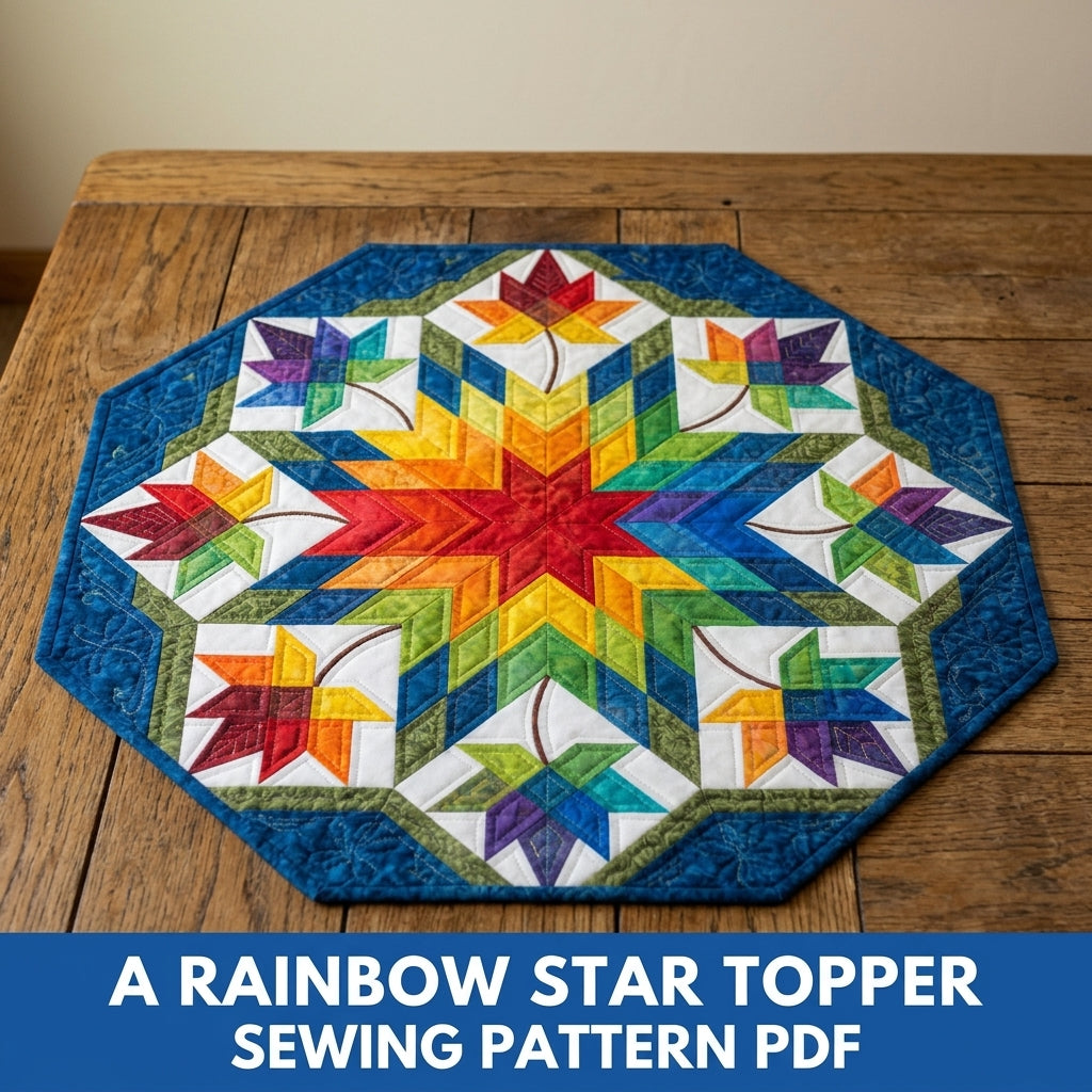 Rainbow Star Octagon Table Topper Sewing Pattern PDF – Lone Star Table Quilt
