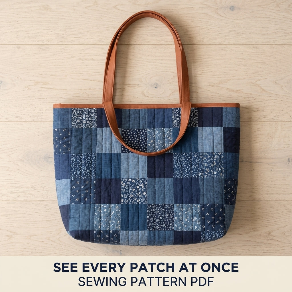 Quilted Tote Bag Sewing Pattern PDF – Patchwork Quilt Tote with Shoulder Straps