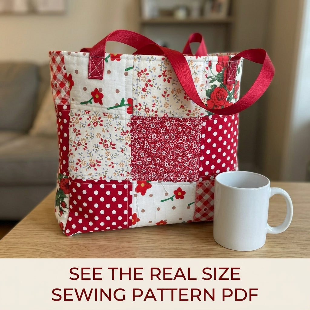 Red Patchwork Tote Sewing Pattern PDF – Easy Nine Patch Tote Bag