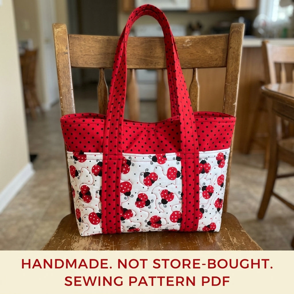 Ladybird Print Pocket Tote Sewing Pattern PDF – Quilted Tote Bag with Outside Pockets