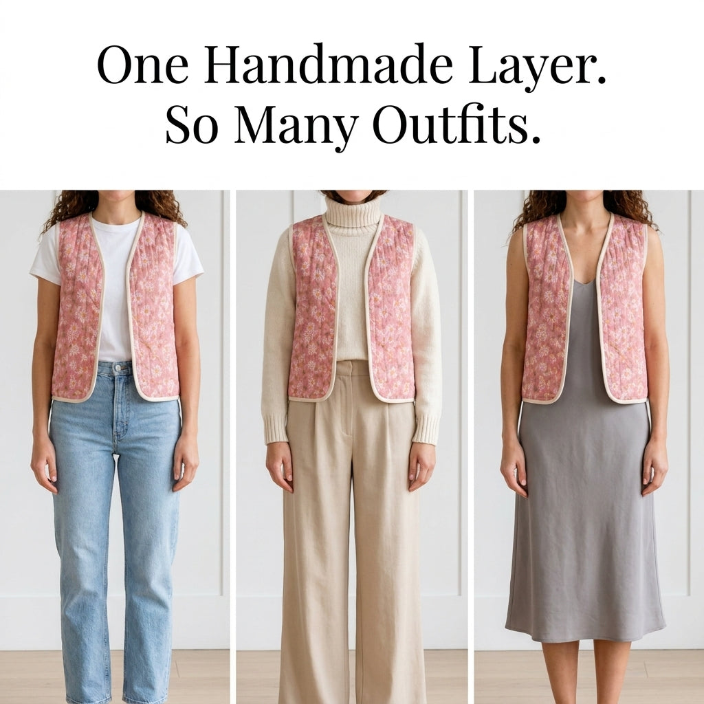 Quilted Vest Sewing Pattern — Reversible Bound-Edge Waistcoat, Sizes XS–3XL, A0 and A4 Layered PDF