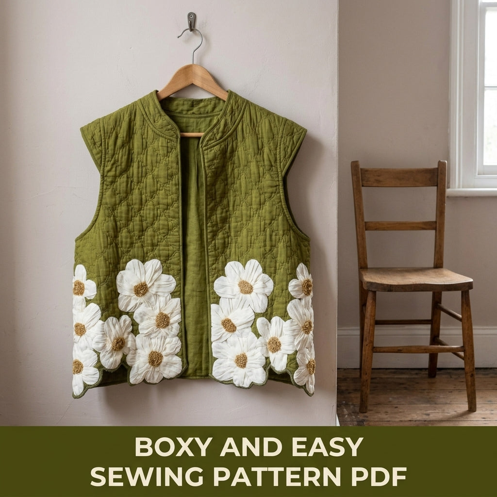Daisy Appliqué Quilted Vest Sewing Pattern PDF – 3D Flower Quilted Waistcoat