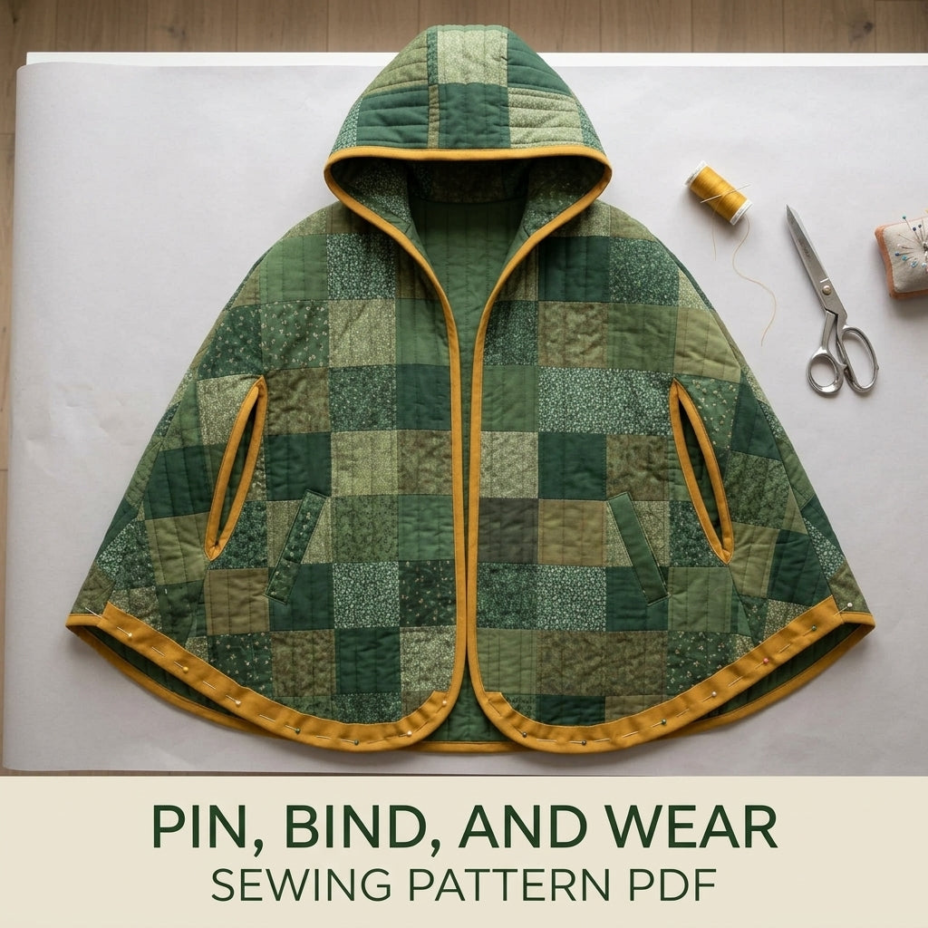 Hooded Patchwork Cape Sewing Pattern PDF – Green Quilted Cape with Arm Slits and Bias Binding