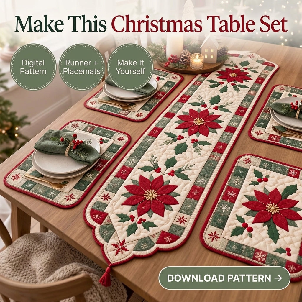Poinsettia Christmas Table Runner & Placemats Quilt Pattern | Appliqué Runner Plus 4 Placemats | Scandinavian Holiday Table Set | PDF Instant Download