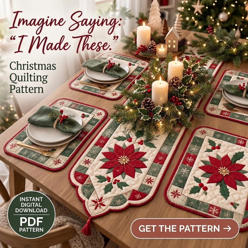 Poinsettia Christmas Table Runner & Placemats Quilt Pattern | Appliqué Runner Plus 4 Placemats | Scandinavian Holiday Table Set | PDF Instant Download