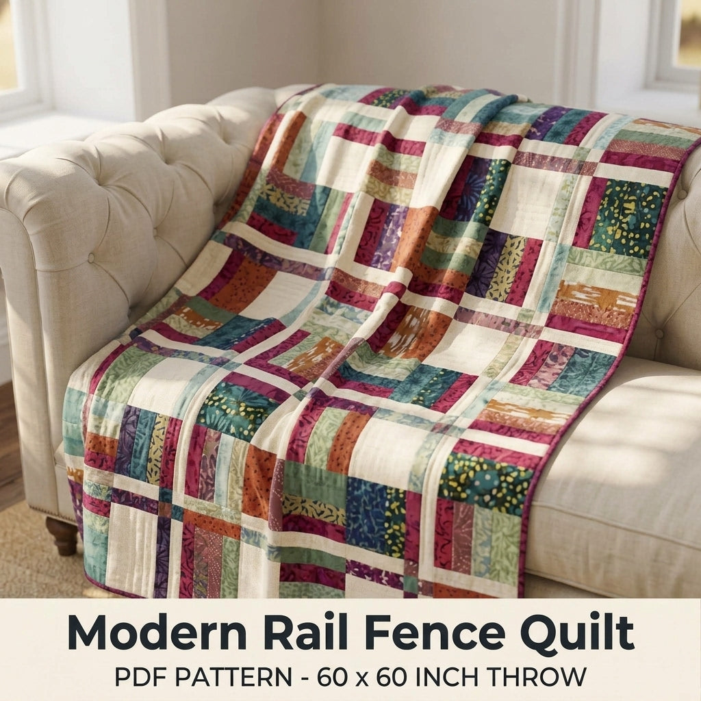 Modern Rail Fence Quilt Pattern PDF – Scrappy Strip Throw Quilt for Batik Fabrics