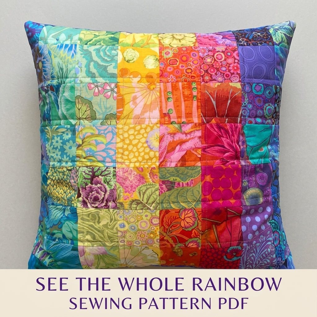 Rainbow Squares Cushion Sewing Pattern PDF – Bold Print Patchwork Pillow