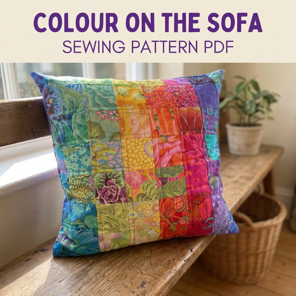 Rainbow Squares Cushion Sewing Pattern PDF – Bold Print Patchwork Pillow