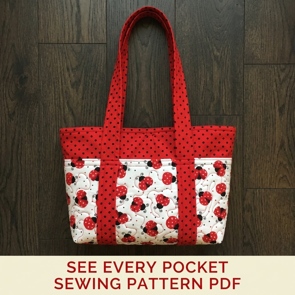 Ladybird Print Pocket Tote Sewing Pattern PDF – Quilted Tote Bag with Outside Pockets