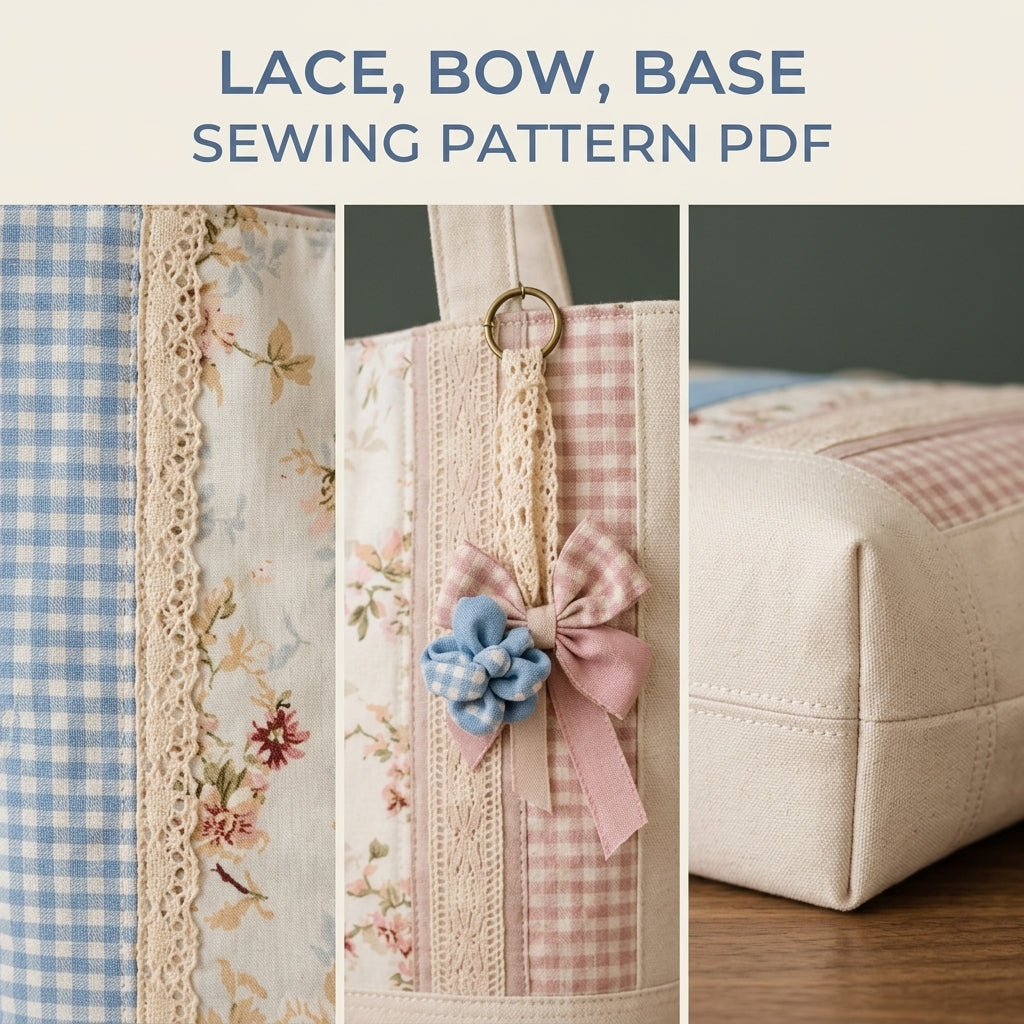 Lace Strip Patchwork Tote Sewing Pattern PDF – Cottage Tote with Gingham and Florals