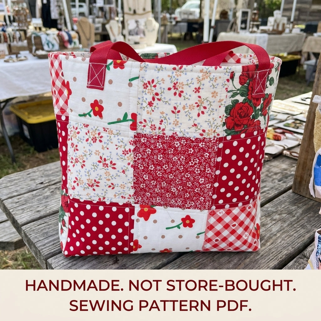 Red Patchwork Tote Sewing Pattern PDF – Easy Nine Patch Tote Bag